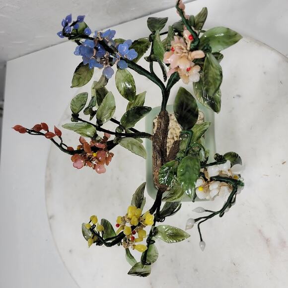 Vintage Bonsai Tree Jade Glass 8" Japanese Oriental Flower Blossom Ceramic Pot - Picture 10 of 15